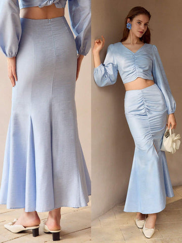 MOTF PREMIUM SOLID RUCHED SPLIT THIGH MERMAID HEM SKIRT