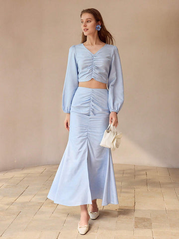 MOTF PREMIUM SOLID RUCHED SPLIT THIGH MERMAID HEM SKIRT