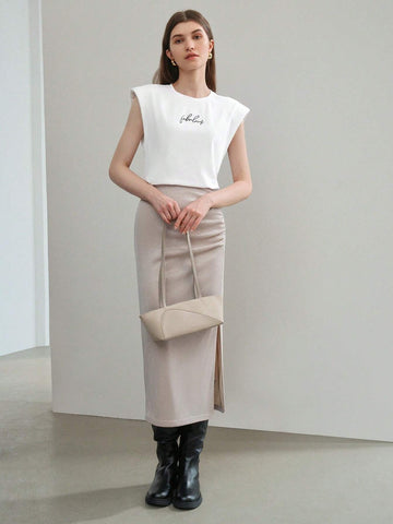 MOTF PREMIUM SOLID RUCHED SPLIT THIGH SKIRT