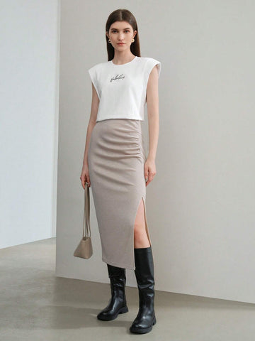 MOTF PREMIUM SOLID RUCHED SPLIT THIGH SKIRT