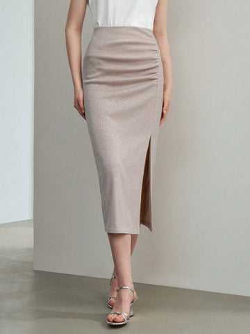 MOTF PREMIUM SOLID RUCHED SPLIT THIGH SKIRT