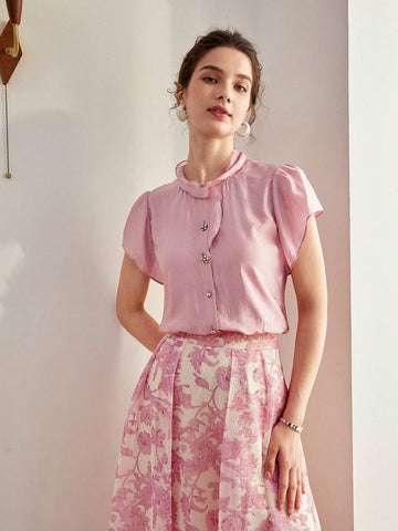 MOTF PREMIUM SOLID RUFFLE TRIM FLUTTER SLEEVE BLOUSE