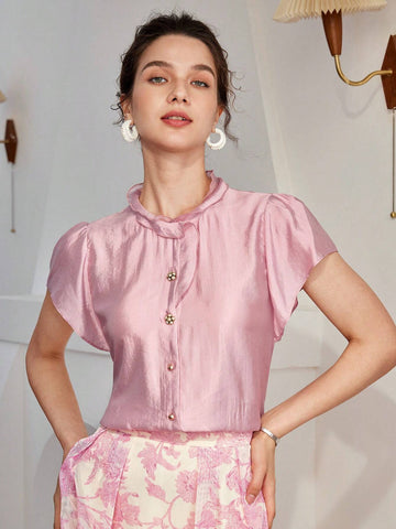 MOTF PREMIUM SOLID RUFFLE TRIM FLUTTER SLEEVE BLOUSE