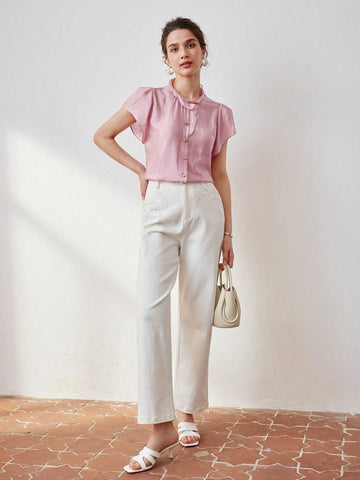 MOTF PREMIUM SOLID RUFFLE TRIM FLUTTER SLEEVE BLOUSE