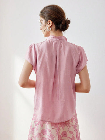 MOTF PREMIUM SOLID RUFFLE TRIM FLUTTER SLEEVE BLOUSE