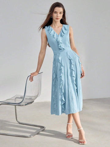MOTF PREMIUM SOLID RUFFLE TRIM LACE INSERT DRESS