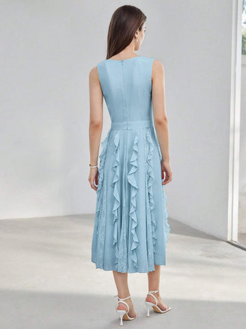 MOTF PREMIUM SOLID RUFFLE TRIM LACE INSERT DRESS