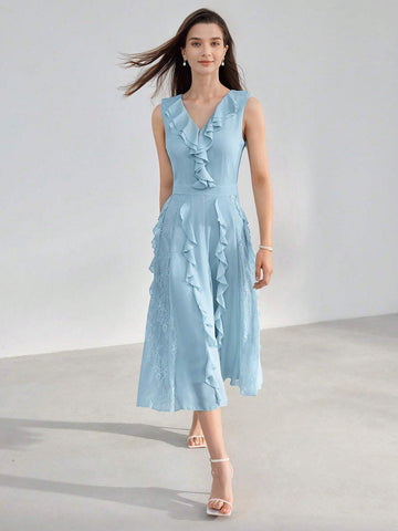 MOTF PREMIUM SOLID RUFFLE TRIM LACE INSERT DRESS