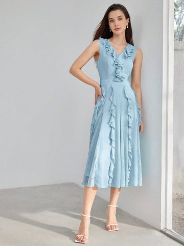 MOTF PREMIUM SOLID RUFFLE TRIM LACE INSERT DRESS