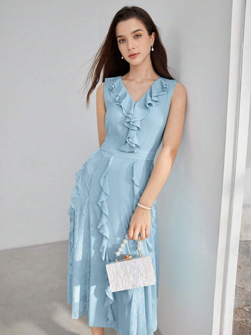 MOTF PREMIUM SOLID RUFFLE TRIM LACE INSERT DRESS