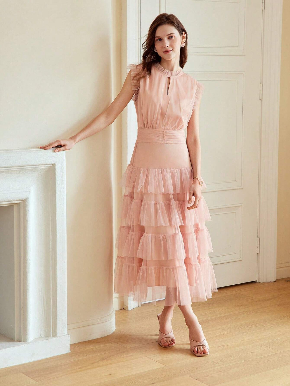 MOTF PREMIUM SOLID RUFFLE TRIM LAYERED HEM MESH DRESS