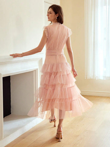 MOTF PREMIUM SOLID RUFFLE TRIM LAYERED HEM MESH DRESS