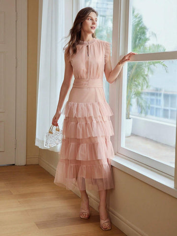 MOTF PREMIUM SOLID RUFFLE TRIM LAYERED HEM MESH DRESS