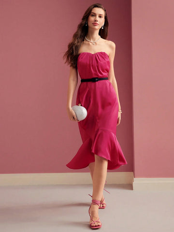 MOTF PREMIUM SOLID RUFFLE WRAP HEM TUBE COCKTAIL DRESS WITH BELT