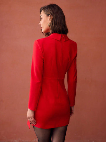 MOTF PREMIUM SOLID SHAWL COLLAR METAL FLORAL RUCHED DRAPED SHORT DRESS