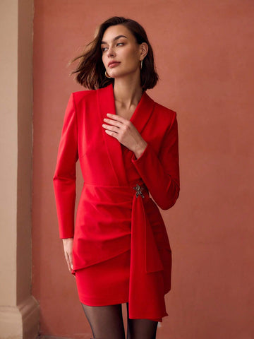 MOTF PREMIUM SOLID SHAWL COLLAR METAL FLORAL RUCHED DRAPED SHORT DRESS