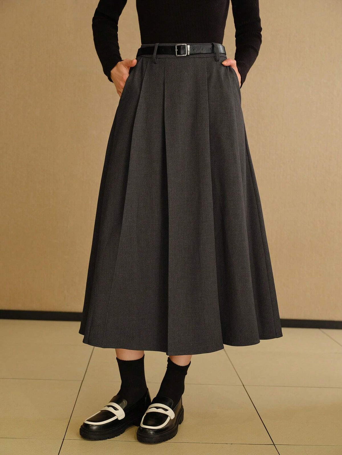 MOTF PREMIUM SOLID SLANT POCKET FOLD PLEATED BELTED LONG SKIRT