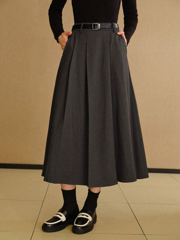 MOTF PREMIUM SOLID SLANT POCKET FOLD PLEATED BELTED LONG SKIRT