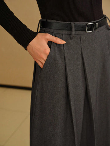 MOTF PREMIUM SOLID SLANT POCKET FOLD PLEATED BELTED LONG SKIRT