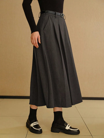 MOTF PREMIUM SOLID SLANT POCKET FOLD PLEATED BELTED LONG SKIRT