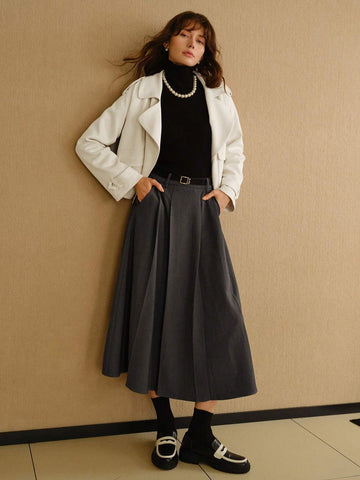 MOTF PREMIUM SOLID SLANT POCKET FOLD PLEATED BELTED LONG SKIRT