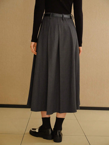 MOTF PREMIUM SOLID SLANT POCKET FOLD PLEATED BELTED LONG SKIRT