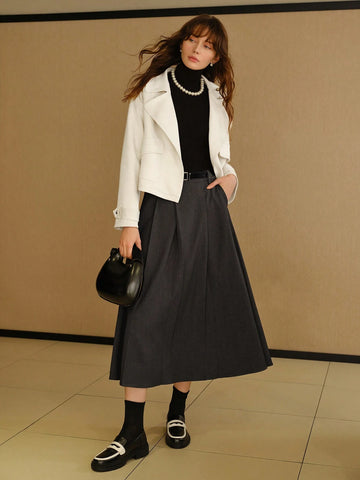 MOTF PREMIUM SOLID SLANT POCKET FOLD PLEATED BELTED LONG SKIRT