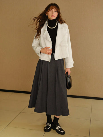 MOTF PREMIUM SOLID SLANT POCKET FOLD PLEATED BELTED LONG SKIRT
