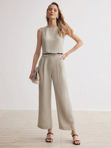 MOTF PREMIUM SOLID SLANT POCKET FOLD PLEATED STRAIGHT LEG PANTS