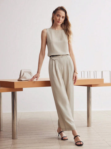 MOTF PREMIUM SOLID SLANT POCKET FOLD PLEATED STRAIGHT LEG PANTS