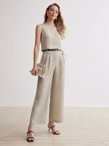MOTF PREMIUM SOLID SLANT POCKET FOLD PLEATED STRAIGHT LEG PANTS