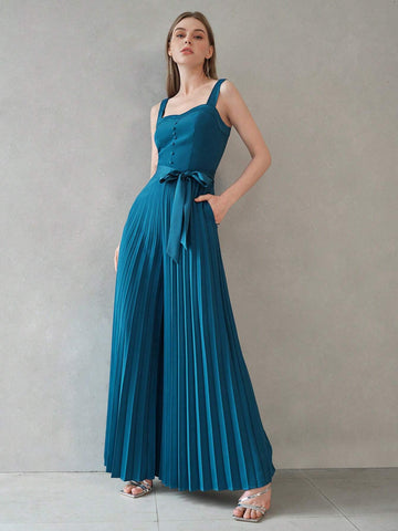 MOTF PREMIUM SOLID SLANT POCKET PLEATED WIDE LEG SLIP JUMPSUIT WITH BELT