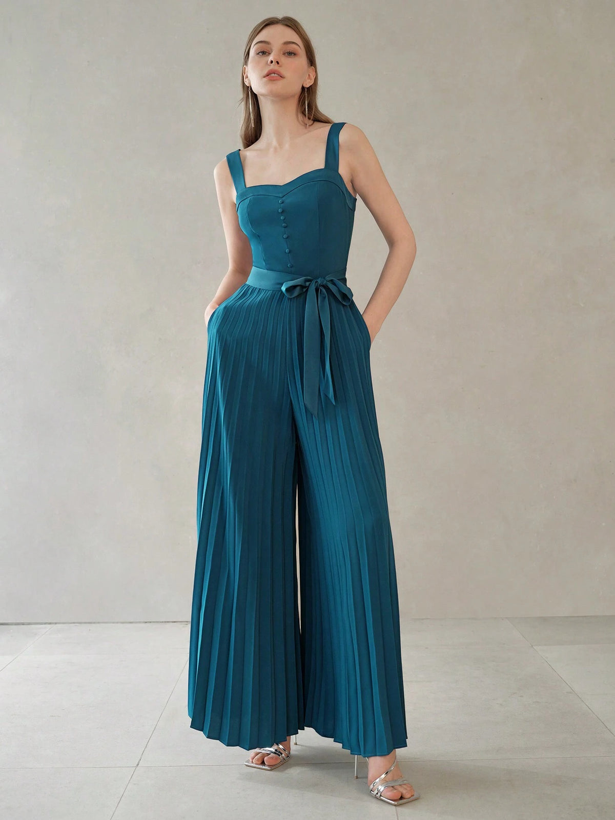 MOTF PREMIUM SOLID SLANT POCKET PLEATED WIDE LEG SLIP JUMPSUIT WITH BELT