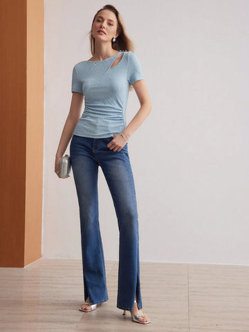 MOTF PREMIUM SOLID TEXTURED CUTOUT RUCHED TEE FOR SUMMER