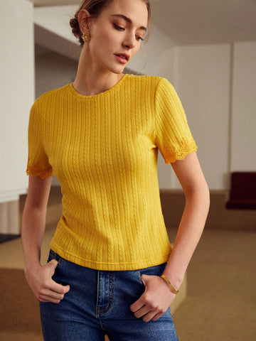 MOTF PREMIUM SOLID TEXTURED LACE TRIM TEE