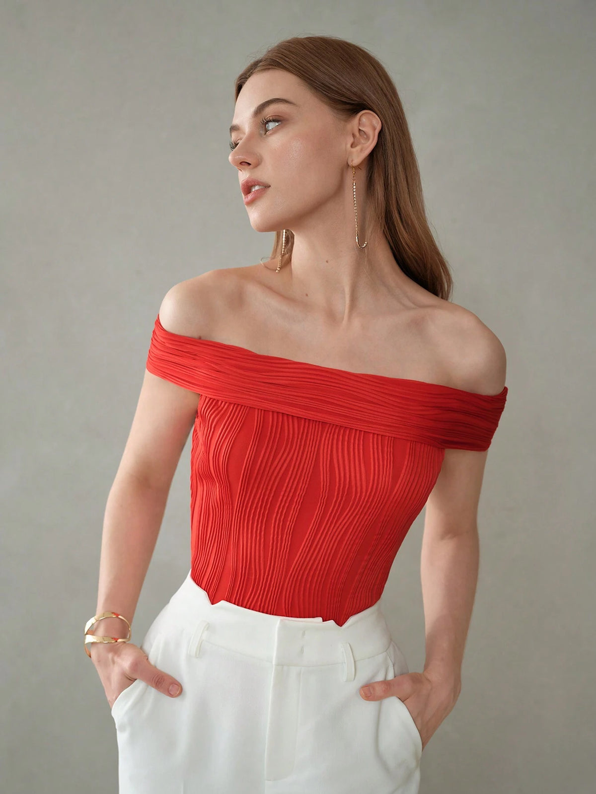 MOTF PREMIUM SOLID TEXTURED OFF SHOULDER SLIM FIT TEE