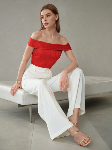 MOTF PREMIUM SOLID TEXTURED OFF SHOULDER SLIM FIT TEE