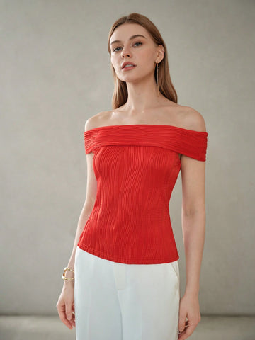 MOTF PREMIUM SOLID TEXTURED OFF SHOULDER SLIM FIT TEE