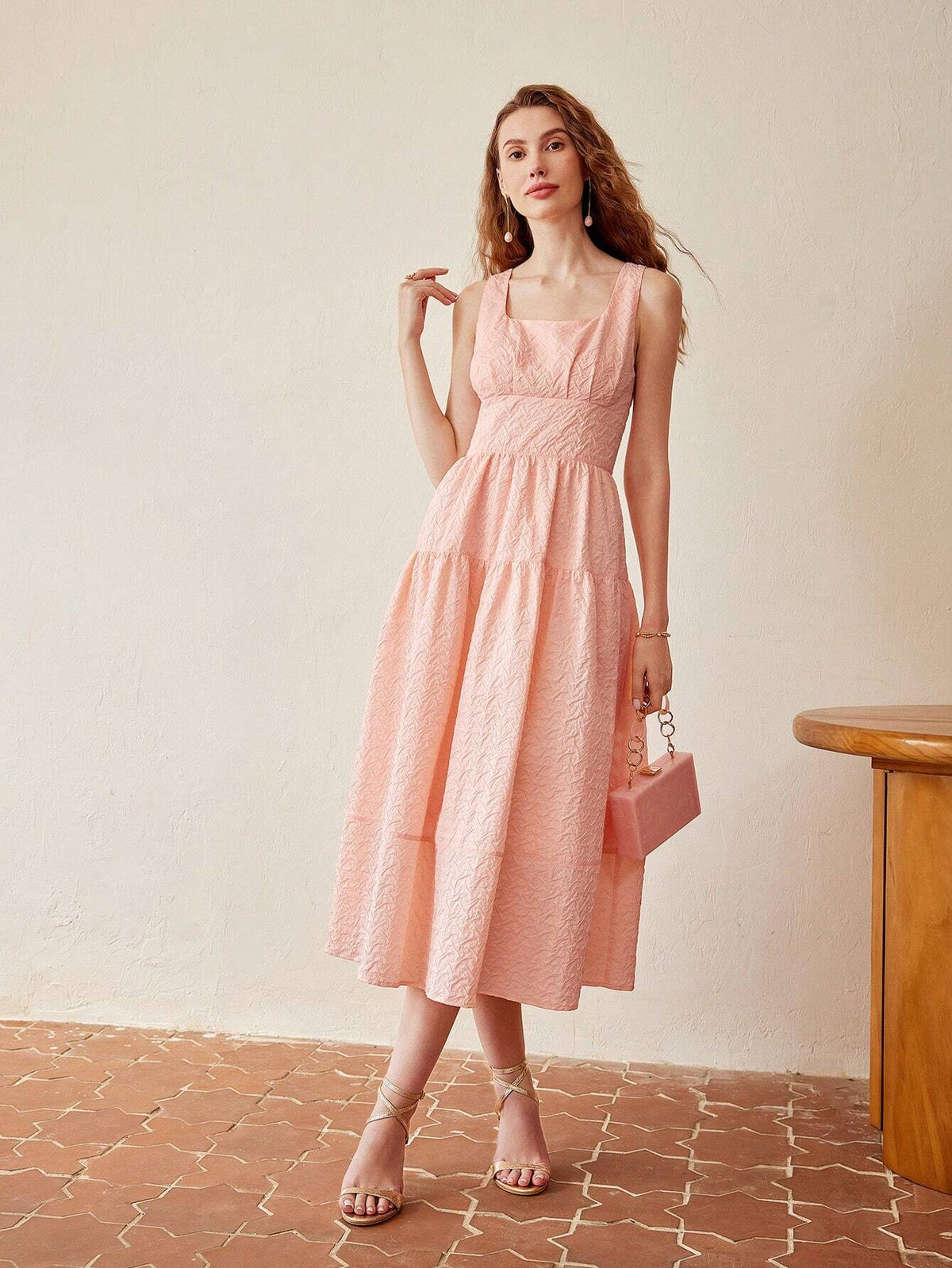 MOTF PREMIUM SOLID TEXTURED SQUARE NECK FLARE HEM DRESS