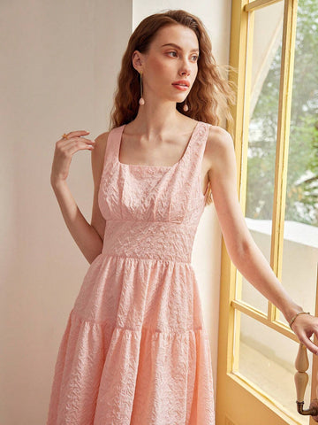 MOTF PREMIUM SOLID TEXTURED SQUARE NECK FLARE HEM DRESS