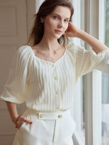 MOTF PREMIUM SOLID TEXTURED SWEETHEART NECK PUFF SLEEVE FAUX PEARL BUTTON PLACKE