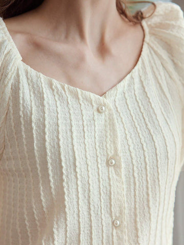 MOTF PREMIUM SOLID TEXTURED SWEETHEART NECK PUFF SLEEVE FAUX PEARL BUTTON PLACKE