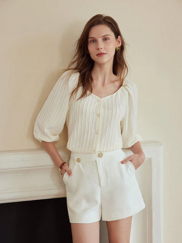 MOTF PREMIUM SOLID TEXTURED SWEETHEART NECK PUFF SLEEVE FAUX PEARL BUTTON PLACKE