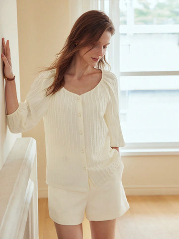 MOTF PREMIUM SOLID TEXTURED SWEETHEART NECK PUFF SLEEVE FAUX PEARL BUTTON PLACKE