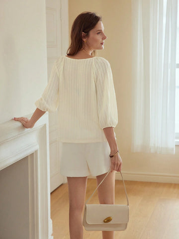 MOTF PREMIUM SOLID TEXTURED SWEETHEART NECK PUFF SLEEVE FAUX PEARL BUTTON PLACKE