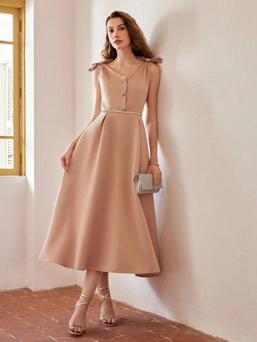 MOTF PREMIUM SOLID V-NECK BOW SHOULDER FLARE HEM DRESS
