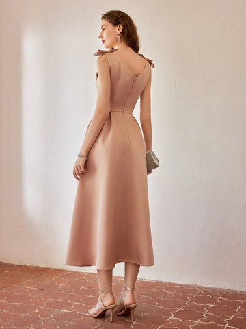 MOTF PREMIUM SOLID V-NECK BOW SHOULDER FLARE HEM DRESS
