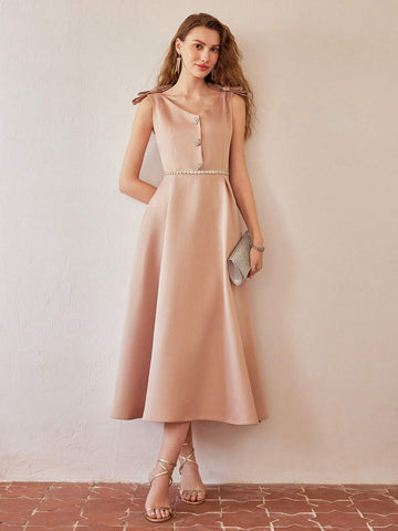 MOTF PREMIUM SOLID V-NECK BOW SHOULDER FLARE HEM DRESS