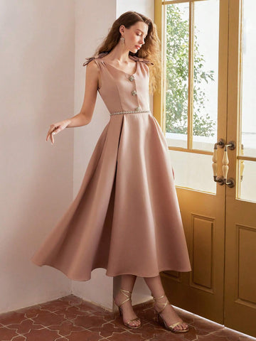 MOTF PREMIUM SOLID V-NECK BOW SHOULDER FLARE HEM DRESS