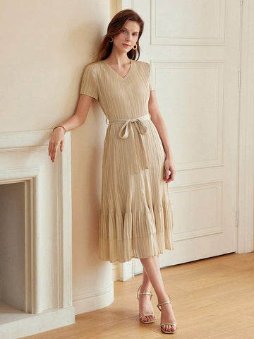 MOTF PREMIUM SOLID V-NECK LAYERED RUFFLE HEM BELTED PLISSE DRESS